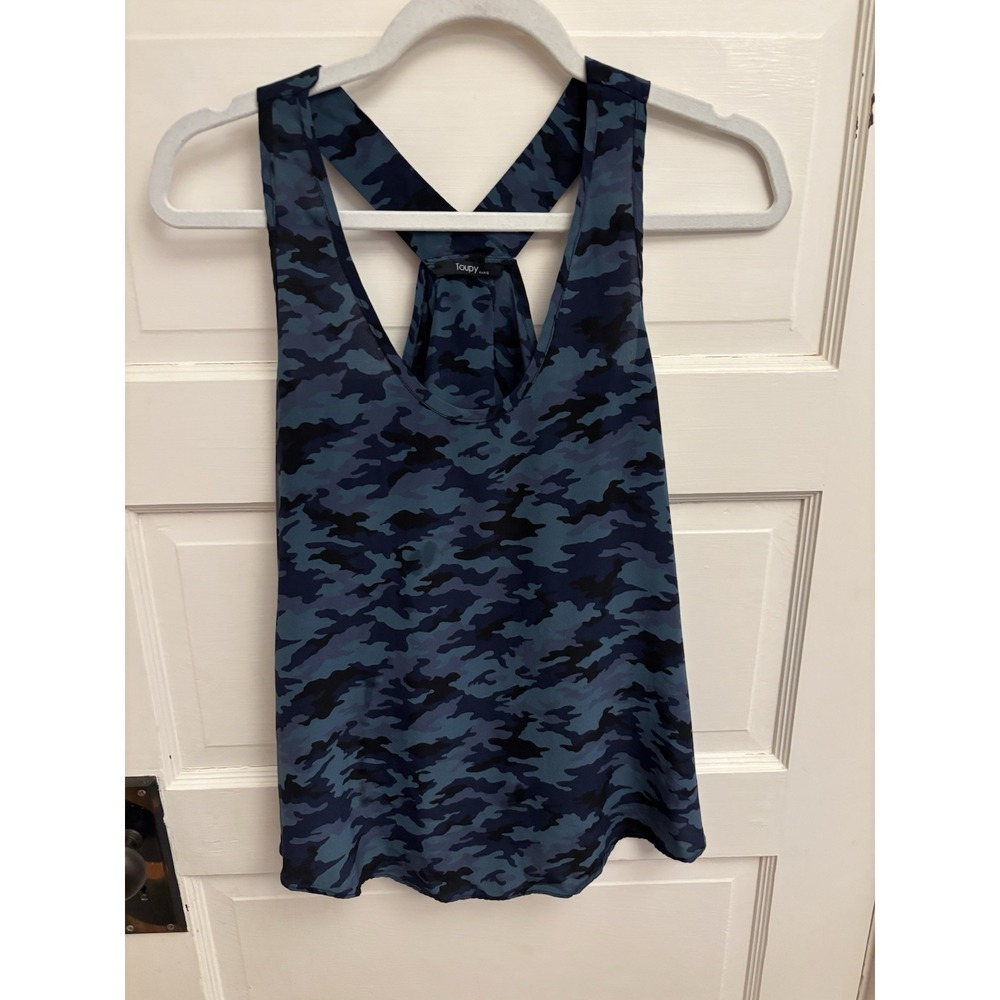 Toupy Paris Women's 100% Silk Blue Camo Tank Open Back Size Small‎